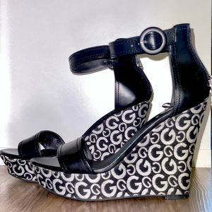 G by Guess Black Faux Leather wedge sandals